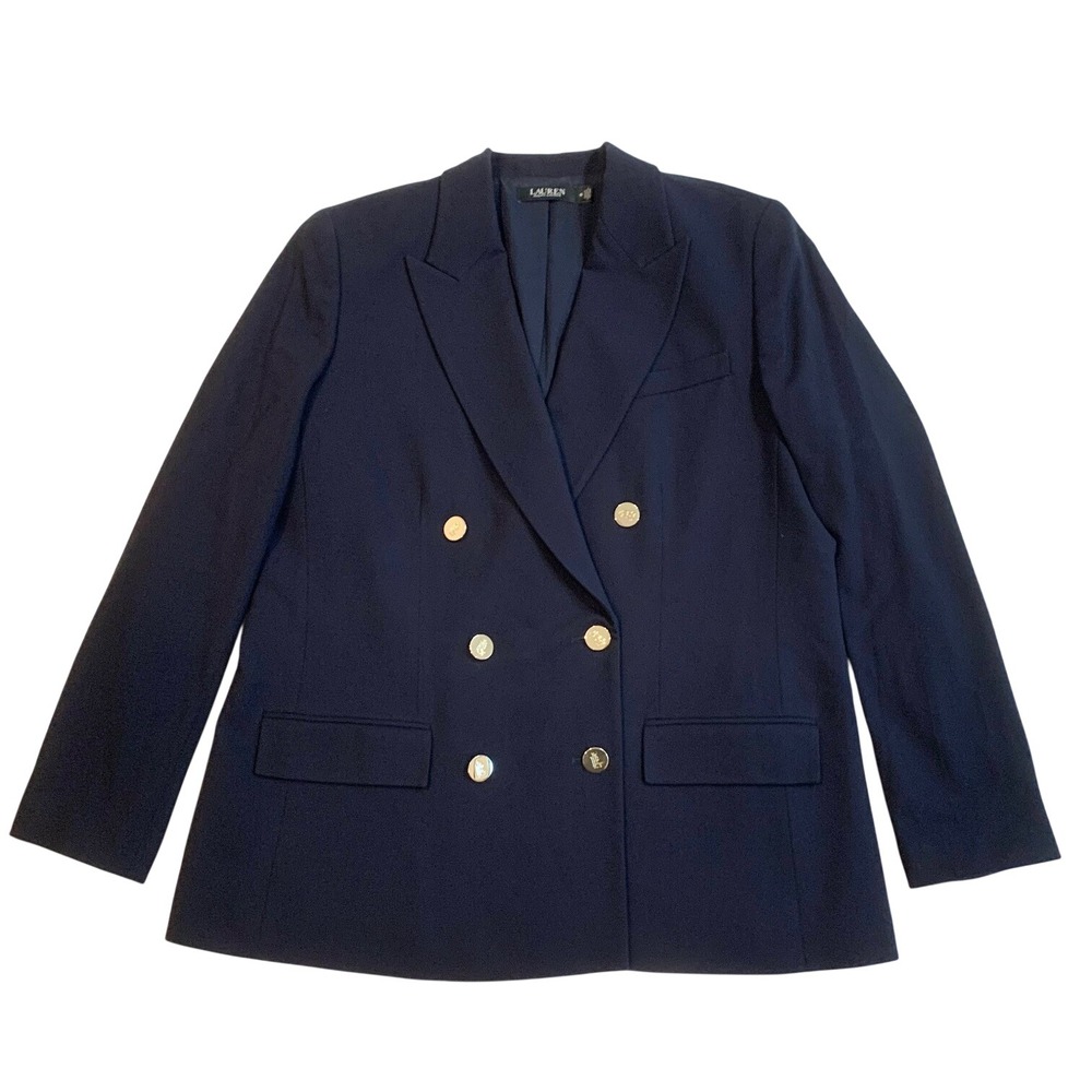 Lauren Ralph Lauren Navy Wool Blend Double Breasted Blazer Gold Buttons 16